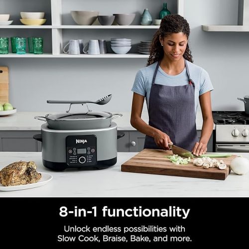 닌자 Ninja MC1001 Foodi PossibleCooker PRO 8.5 Quart Multi-Cooker, with 8-in-1 Slow Cooker, Dutch Oven, Steamer, Glass Lid Integrated Spoon, Nonstick, Oven Safe Pot to 500°F, Sea Salt Gray