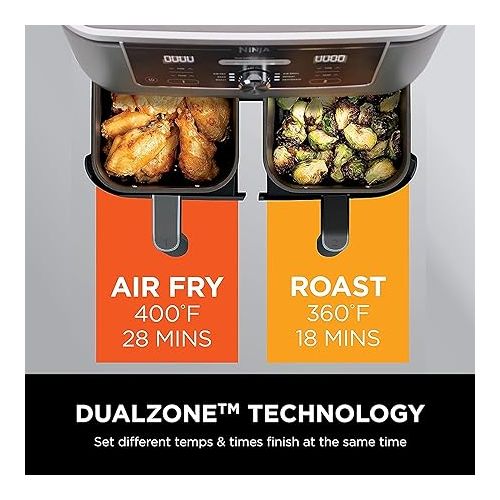 닌자 Ninja DZ401 Foodi 10 Quart 6-in-1 DualZone XL 2-Basket Air Fryer with 2 Independent Frying Baskets, Match Cook & Smart Finish to Roast, Broil, Dehydrate for Quick, Easy Family-Sized Meals, Grey