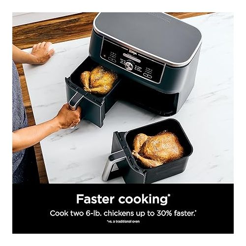 닌자 Ninja DZ401 Foodi 10 Quart 6-in-1 DualZone XL 2-Basket Air Fryer with 2 Independent Frying Baskets, Match Cook & Smart Finish to Roast, Broil, Dehydrate for Quick, Easy Family-Sized Meals, Grey