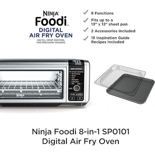 닌자 Ninja SP101 Digital Air Fry Countertop Oven with 8-in-1 Functionality, Flip Up & Away Capability for Storage Space, with Air Fry Basket, Wire Rack & Crumb Tray, Silver