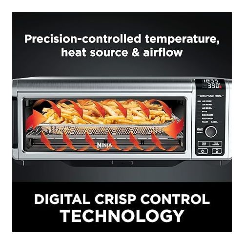 닌자 Ninja SP101 Digital Air Fry Countertop Oven with 8-in-1 Functionality, Flip Up & Away Capability for Storage Space, with Air Fry Basket, Wire Rack & Crumb Tray, Silver