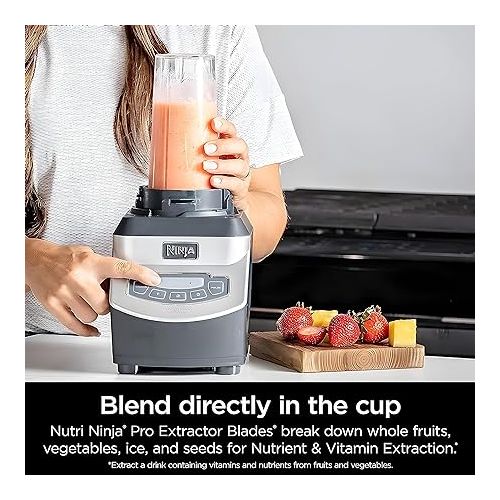 닌자 Ninja BL660 Professional Compact Smoothie & Food Processing Blender, 1100-Watts, 3 Functions -for Frozen Drinks, Smoothies, Sauces, & More, 72-oz.* Pitcher, (2) 16-oz. To-Go Cups & Spout Lids, Gray