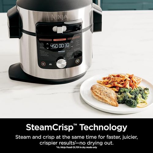 닌자 Ninja OL701 Foodi 14-in-1 SMART XL 8 Qt. Pressure Cooker Steam Fryer with SmartLid & Thermometer + Auto-Steam Release, that Air Fries, Proofs & More, 3-Layer Capacity, 5 Qt. Crisp Basket, Silver/Black