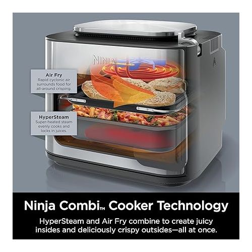 닌자 Ninja Combi All-in-One Multicooker, Oven, & Air Fryer, Complete Meals in 15 Mins, 14-in-1 Functions, Combi Cooker + Air Fry, Bake, Roast, Slow Cook and More, 3 Accessories, Stainless Steel, SFP701