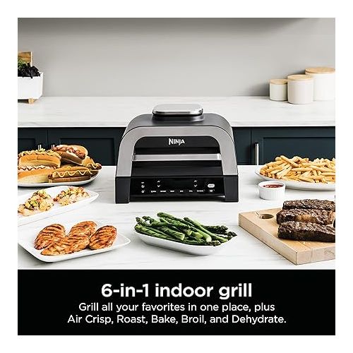닌자 Ninja DG551 Foodi Smart XL 6-in-1 Indoor Grill with Air Fry, Roast, Bake, Broil, & Dehydrate, Foodi Smart Thermometer, 2nd Generation, Black/Silver