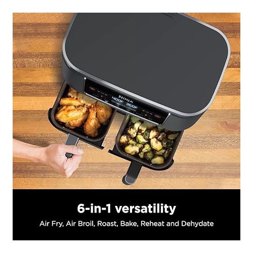 닌자 Ninja DZ201 Foodi 8 Quart 6-in-1 DualZone 2-Basket Air Fryer with 2 Independent Frying Baskets, Match Cook & Smart Finish to Roast, Broil, Dehydrate & More for Quick, Easy Meals, Grey