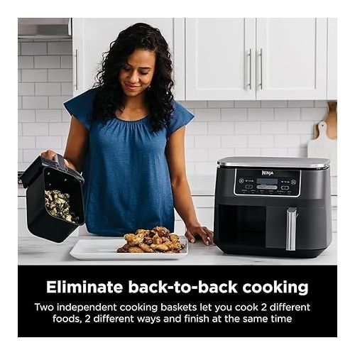 닌자 Ninja DZ201 Foodi 8 Quart 6-in-1 DualZone 2-Basket Air Fryer with 2 Independent Frying Baskets, Match Cook & Smart Finish to Roast, Broil, Dehydrate & More for Quick, Easy Meals, Grey