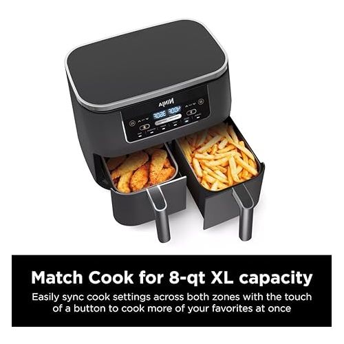 닌자 Ninja DZ201 Foodi 8 Quart 6-in-1 DualZone 2-Basket Air Fryer with 2 Independent Frying Baskets, Match Cook & Smart Finish to Roast, Broil, Dehydrate & More for Quick, Easy Meals, Grey