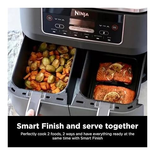 닌자 Ninja DZ201 Foodi 8 Quart 6-in-1 DualZone 2-Basket Air Fryer with 2 Independent Frying Baskets, Match Cook & Smart Finish to Roast, Broil, Dehydrate & More for Quick, Easy Meals, Grey