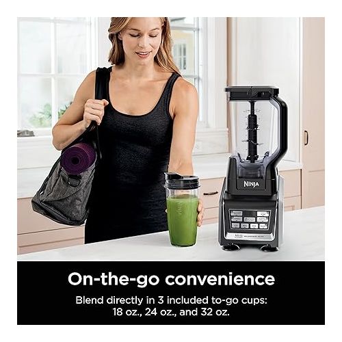 닌자 Ninja BL642 Nutri Ninja Personal & Countertop Blender with 1200W Auto-iQ Base, 72 oz. Pitcher, and 18, 24, & 32 oz. To-Go Cups with Spout Lids, For Smoothies, Shakes & More, Dishwasher Safe, Black