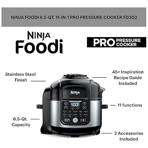 닌자 Ninja FD302 Foodi 11-in-1 Pro 6.5 qt. Pressure Cooker & Air Fryer that Steams, Slow Cooks, Sears, Sautes, Dehydrates & More, with 4.6 qt. Crisper Plate, Nesting Broil Rack & Recipe Book, Silver/Black