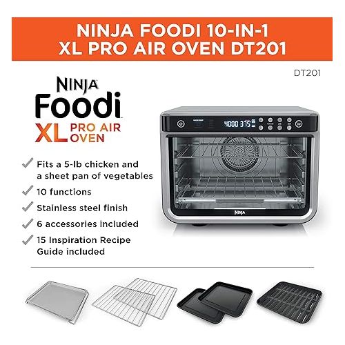 닌자 Ninja DT201 Foodi 10-in-1 XL Pro Air Fry Digital Countertop Convection Toaster Oven with Dehydrate and Reheat, 1800 Watts, Stainless Steel Finish, Silver