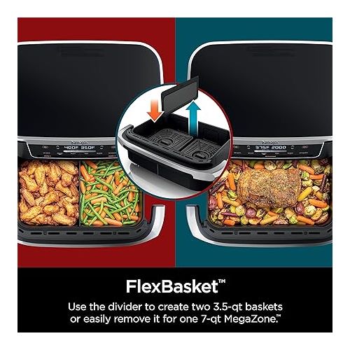 닌자 Ninja DZ071 Foodi 6-in-1 DualZone FlexBasket Air Fryer with 7-QT MegaZone & Basket Divider, Large Proteins & Full Meals, Smart Finish Cook 2 Foods 2 Ways, Large Capacity, Air Fry, Bake & More, Black