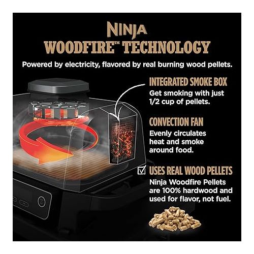 닌자 Ninja OG701 7-in-1 Outdoor Electric Grill & Smoker - Grill, BBQ, Air Fry, Bake, Roast, Dehydrate & Broil - Uses Woodfire Pellets - Portable & Weather Resistant