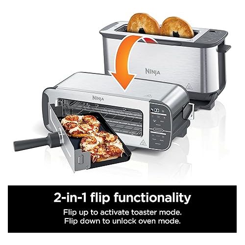 닌자 Ninja ST101 Foodi 2-in-1 Flip Toaster, 2-Slice Capacity, Compact Toaster Oven, Snack Maker, Reheat, Defrost, 1500 Watts, Stainless Steel, 6 Functions