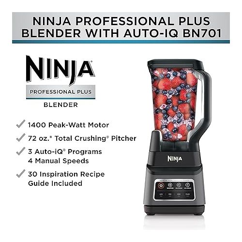 닌자 Ninja BN701 Professional Plus Blender, 1400 Peak Watts, 3 Functions for Smoothies, Frozen Drinks & Ice Cream with Auto IQ, 72-oz.* Total Crushing Pitcher & Lid, Dark Grey