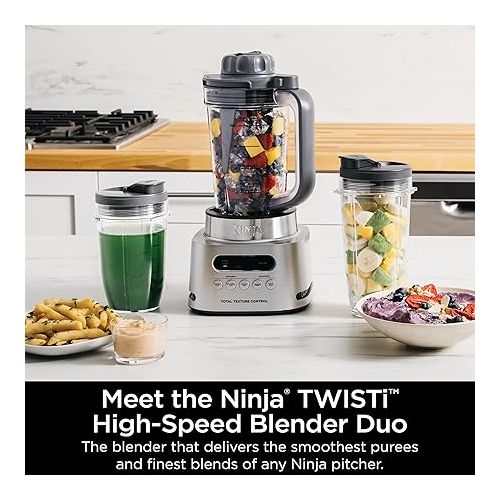 닌자 Ninja SS151 TWISTi Blender DUO, High-Speed 1600 WP Smoothie Maker & Nutrient Extractor* 5 Functions Smoothie, Spreads & More, smartTORQUE, 34-oz. Pitcher & (2) To-Go Cups, Gray