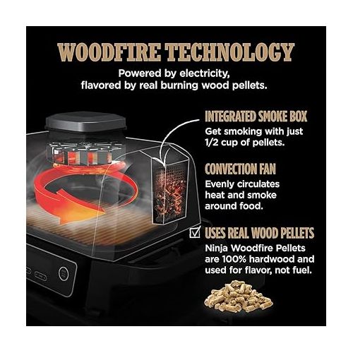 닌자 Ninja OG701 Woodfire Outdoor Grill & Smoker 7-in-1 Air Fryer Bake Roast Broil uses Woodfire Pellets(1 Pack Included) Portable, Electric, Grey(Renewed)