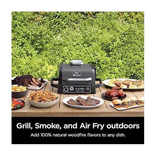 닌자 Ninja OG701 Woodfire Outdoor Grill & Smoker 7-in-1 Air Fryer Bake Roast Broil uses Woodfire Pellets(1 Pack Included) Portable, Electric, Grey(Renewed)