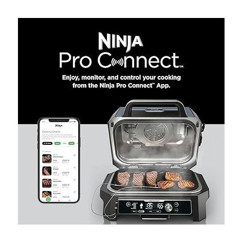 닌자 Ninja OG951 Woodfire Pro Connect Premium XL Outdoor Grill & Smoker, Bluetooth, App Enabled, 7-in-1 Master Grill, BBQ Smoker, Outdoor Air Fryer, Woodfire Technology, 2 Built-In Thermometers, Black