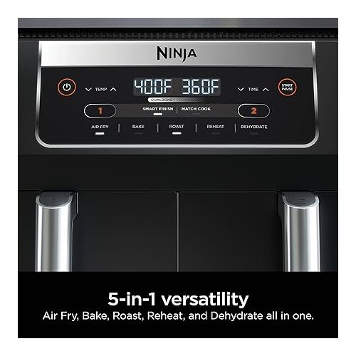 닌자 Ninja DZ090 Foodi 6 Quart 5-in-1 DualZone 2-Basket Air Fryer with 2 Independent Frying Baskets, Match Cook & Smart Finish to Roast, Bake, Dehydrate & More for Quick Snacks & Small Meals, Black