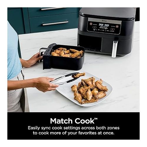 닌자 Ninja DZ090 Foodi 6 Quart 5-in-1 DualZone 2-Basket Air Fryer with 2 Independent Frying Baskets, Match Cook & Smart Finish to Roast, Bake, Dehydrate & More for Quick Snacks & Small Meals, Black