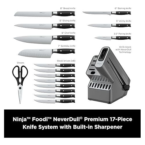 닌자 Ninja K32017 Foodi NeverDull Premium Knife System, 17 Piece Knife Block Set with Built-in Sharpener, German Stainless Steel Knives, Black