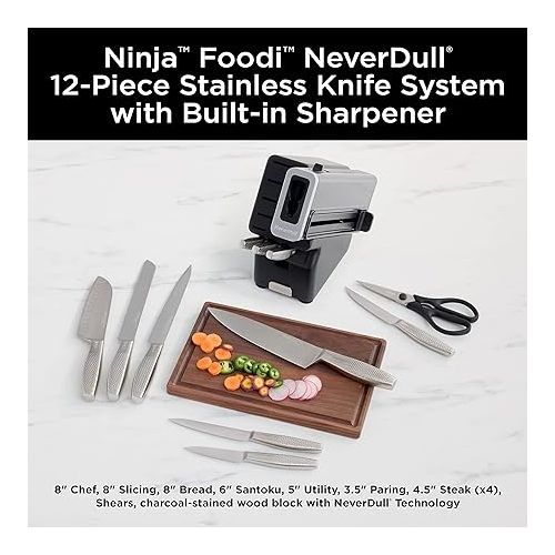 닌자 Ninja K62012 Foodi NeverDull Premium 12-Piece German Stainless Steel Knife System with Built-in Sharpener, Stainless Steel/Black