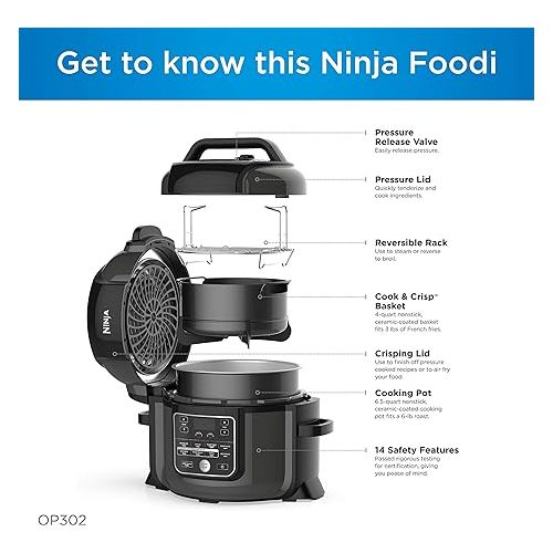 닌자 Ninja OP302 Foodi 9-in-1 Pressure, Broil, Dehydrate, Slow Cooker, Air Fryer, and More, with 6.5 Quart Capacity and 45 Recipe Book, and a High Gloss Finish