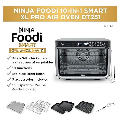 닌자 Ninja DT251 Foodi 10-in-1 Smart XL Air Fry Oven, Bake, Broil, Toast, Roast, Digital Toaster, Thermometer, True Surround Convection up to 450°F, includes 6 trays & Recipe Guide, Silver