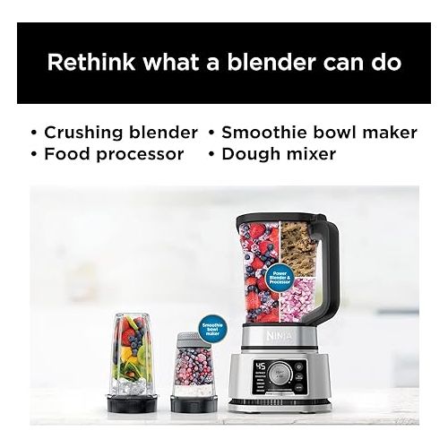 닌자 Ninja SS351 Foodi Power Blender & Processor System 1400 WP Smoothie Bowl Maker & Nutrient Extractor* 6 Functions for Bowls, Spreads, Dough & More, smartTORQUE, 72-oz.** Pitcher & To-Go Cups, Silver