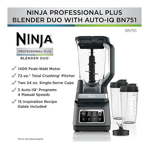 닌자 Ninja BN751 Professional Plus DUO Blender, 1400 Peak Watts, 3 Auto-IQ Programs for Smoothies, Frozen Drinks & Nutrient Extractions, 72-oz. Total Crushing Pitcher & (2) 24 oz. To-Go Cups, Black