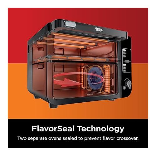 닌자 Ninja DCT402BK 13-in-1 Double Oven with FlexDoor, FlavorSeal & Smart Finish, Rapid Top Oven, Convection and Air Fry Bottom Bake, Roast, Toast, Fry, Pizza More, Black