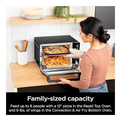 닌자 Ninja DCT402BK 13-in-1 Double Oven with FlexDoor, FlavorSeal & Smart Finish, Rapid Top Oven, Convection and Air Fry Bottom Bake, Roast, Toast, Fry, Pizza More, Black