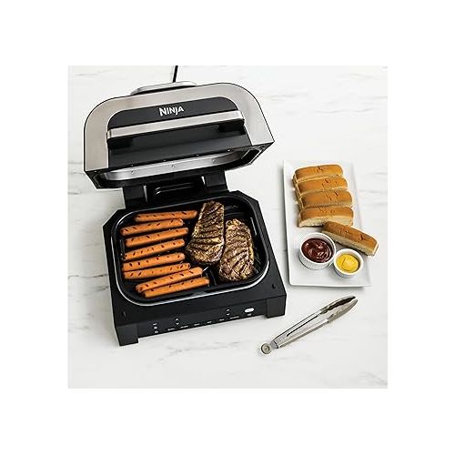 닌자 Ninja DG551 Foodi Smart XL 6-in-1 Indoor Grill with Air Fry, Roast, Bake, Broil, & Dehydrate, Foodi Smart Thermometer, 2nd Generation, Black/Silver (Renewed)