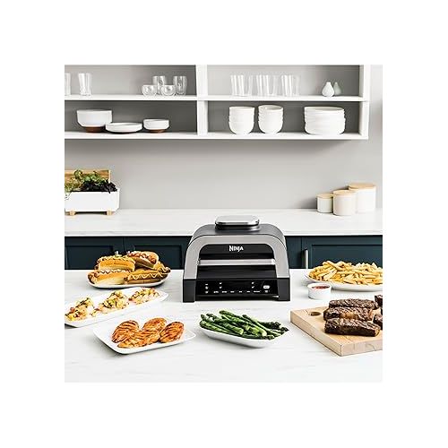 닌자 Ninja DG551 Foodi Smart XL 6-in-1 Indoor Grill with Air Fry, Roast, Bake, Broil, & Dehydrate, Foodi Smart Thermometer, 2nd Generation, Black/Silver (Renewed)