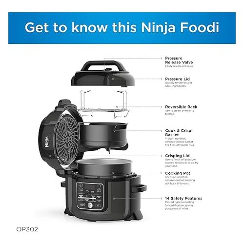 닌자 NINJA Foodi Cooker, Steamer & Air w/TenderCrisp Technology Pressure Cooker & Air Fryer All-in-One, 6.5 quart w/dehydrate, Black/Gray (Renewed)