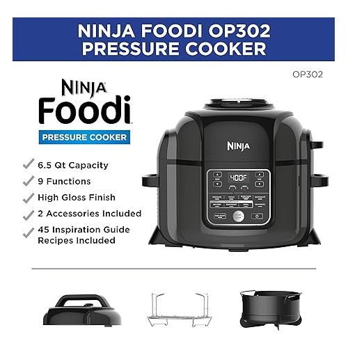 닌자 NINJA Foodi Cooker, Steamer & Air w/TenderCrisp Technology Pressure Cooker & Air Fryer All-in-One, 6.5 quart w/dehydrate, Black/Gray (Renewed)