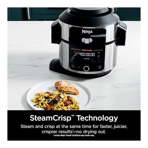 닌자 Ninja OL500 Foodi 6.5-qt. Pressure Cooker Steam Fryer with SmartLid, 13-in-1 that Air Fries, Bakes & More, with 2-Layer Capacity, Crisp Basket, Silver/Black (Renewed)