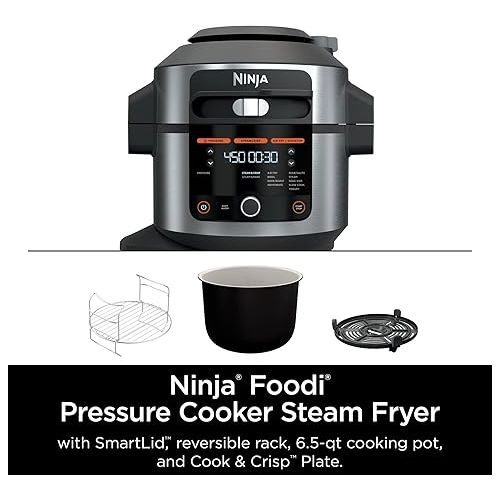 닌자 Ninja OL500 Foodi 6.5-qt. Pressure Cooker Steam Fryer with SmartLid, 13-in-1 that Air Fries, Bakes & More, with 2-Layer Capacity, Crisp Basket, Silver/Black (Renewed)