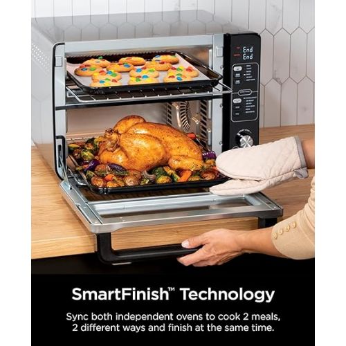 닌자 Ninja DCT401 12-in-1 Double Oven with FlexDoor, FlavorSeal & Smart Finish, Rapid Top Convection and Air Fry Bottom, Bake, Roast, Toast, Air Fry, Pizza and More, Stainless Steel (Renewed)