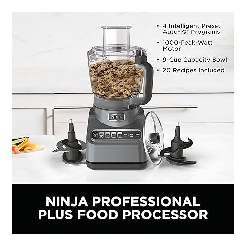 닌자 Ninja BN601 Professional Plus Food Processor, 1000 Peak Watts, 4 Functions for Chopping, Slicing, Purees & Dough with 9-Cup Processor Bowl, 3 Blades, Food Chute & Pusher, Silver