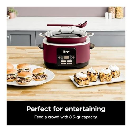 닌자 Ninja MC1000 Foodi PossibleCooker 8.5 Quart Multi-Cooker, with 4-in-1 Slow Cooker, Dutch Oven & More, Glass Lid & Integrated Spoon, Nonstick, Oven Safe Pot to 500°F, Cherry Tarte (Renewed)