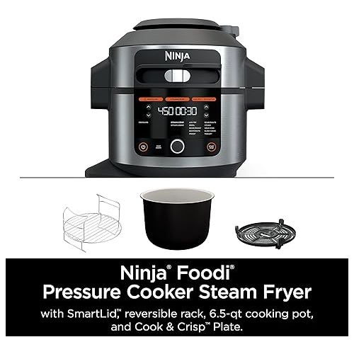 닌자 Ninja OL501 Foodi 6.5 Qt. Pressure Cooker Steam Fryer with SmartLid, 14-in-1 that Air Fries, Bakes & More, with 2-Layer Capacity & 4.6 Qt. Crisp Plate, Silver/Black (Renewed)