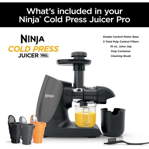 닌자 Ninja JC101 Cold Press Pro Compact Powerful Slow Juicer with Total Pulp Control and Easy Clean, Graphite, 13.78 in L x 6.89 in W x 14.17 in H