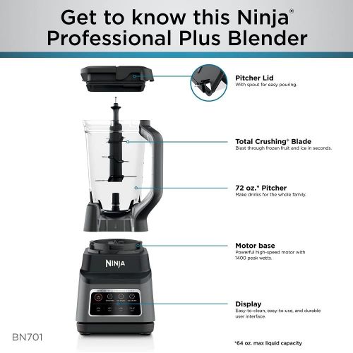 닌자 Ninja BN701 Professional Plus Bender, 1400 Peak Watts, 3 Functions for Smoothies, Frozen Drinks & Ice Cream with Auto IQ, 72-oz.* Total Crushing Pitcher & Lid, Dark Grey