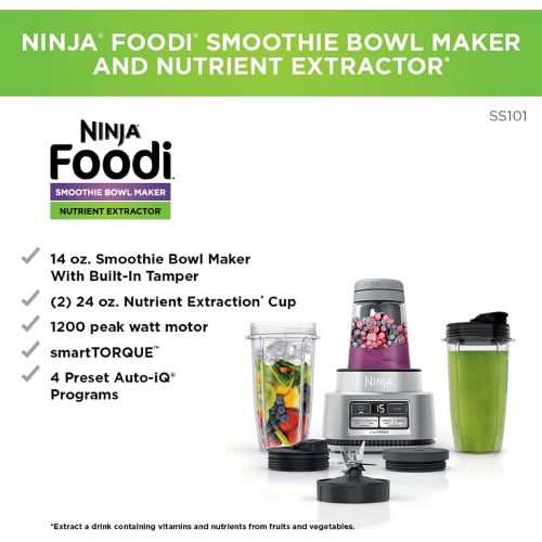닌자 Ninja SS101 Foodi Smoothie Bowl Maker & Nutrient Extractor* 1200 WP, 6 Functions for Smoothies, Extractions*, Bowls & Spreads, smartTORQUE, 14-oz. Smoothie Bowl Maker, (2) To-Go Cu