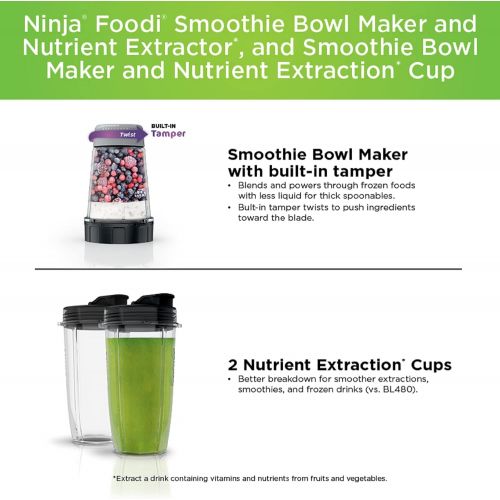 닌자 Ninja SS101 Foodi Smoothie Bowl Maker & Nutrient Extractor* 1200 WP, 6 Functions for Smoothies, Extractions*, Bowls & Spreads, smartTORQUE, 14-oz. Smoothie Bowl Maker, (2) To-Go Cu