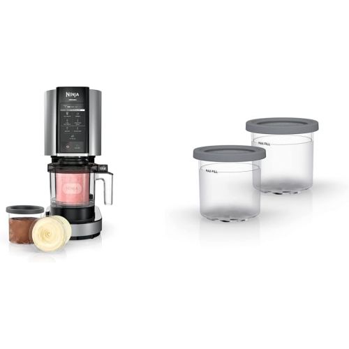 닌자 Ninja NC301 CREAMi, Ice Cream, Gelato, Milkshake, Sorbet, and Smoothie Bowl Maker, 7 One-Touch Programs, Silver & XSKPNTLID2 CREAMi Pints and Lids - 2 Pack