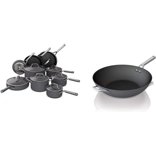 닌자 Ninja C39900 Foodi 16-Piece Cookware Set NeverStick Premium Hard-Anodized Slate Grey & C30928 Foodi NeverStick Premium Hard-Anodized, 11-Inch Wok, Slate Grey